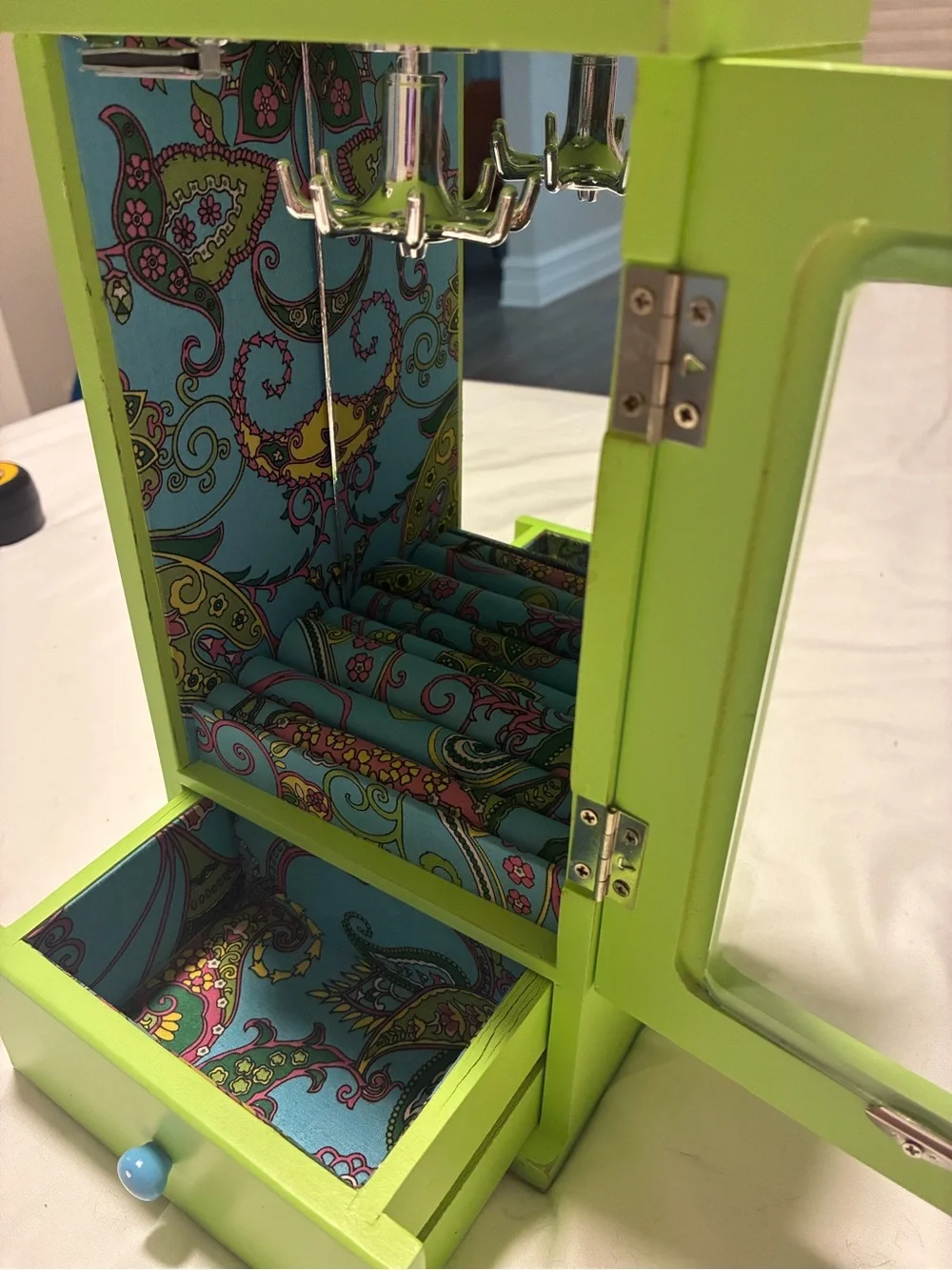 Retro Lime Green Jewelry Armoire with Drawer and Mirror